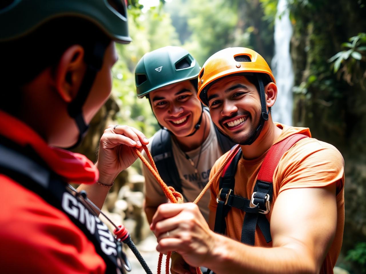 Guide checking safety equipment before a canyoning descent